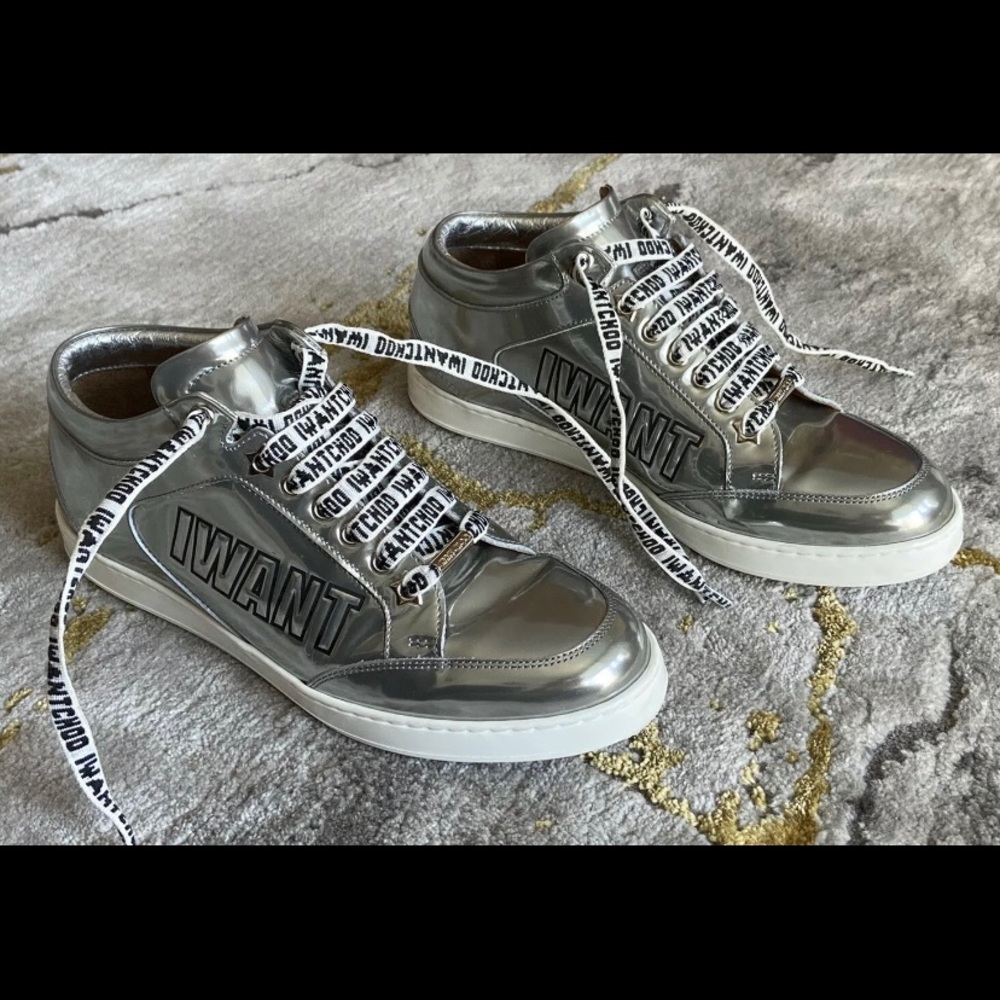 Jimmy Choo “I want” Miami Logo Liquod Metallic Metal Sweater 38.5 - 8 Silver